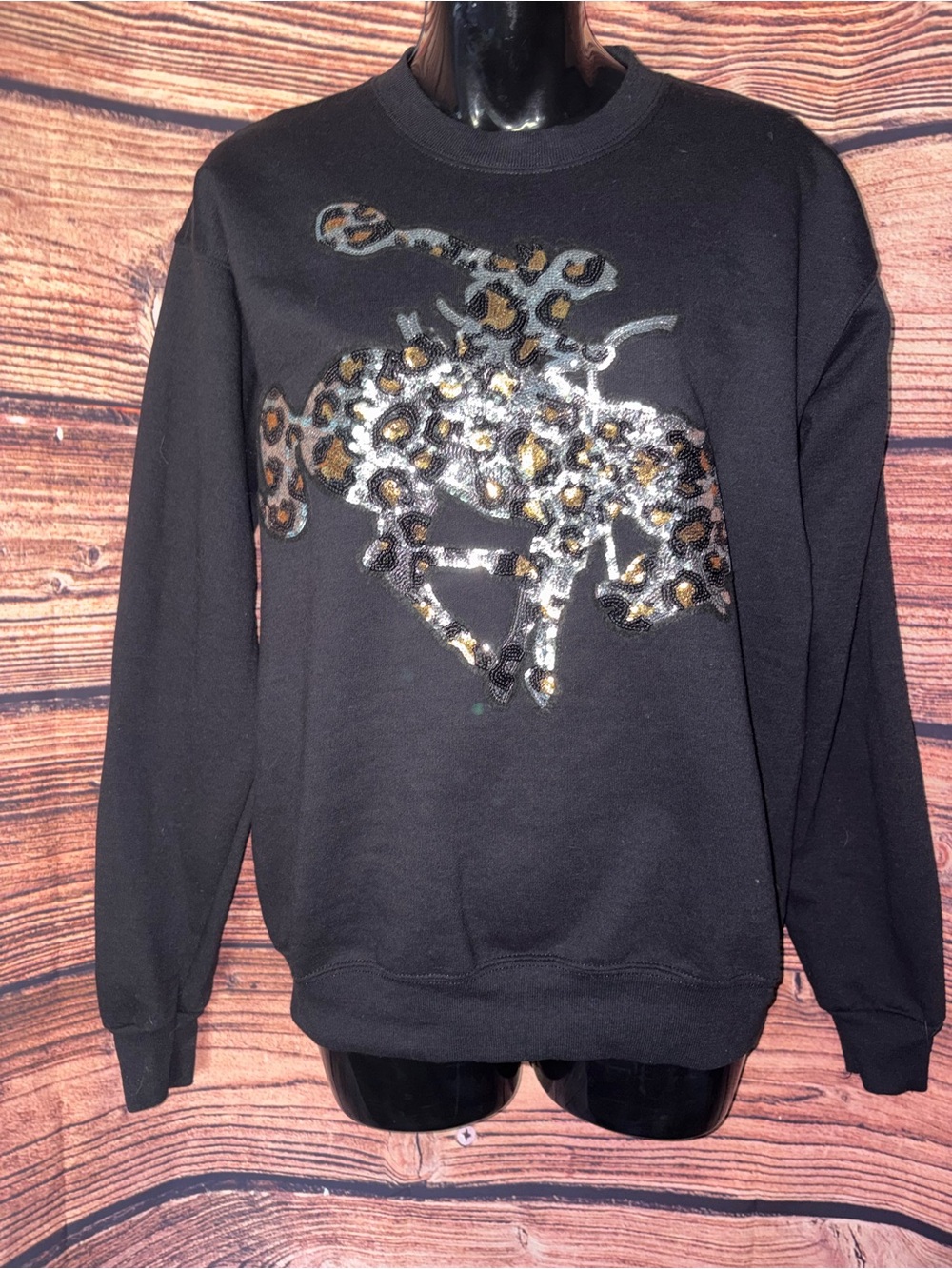 Black Crewneck Sweatshirt Leopard Sequined Rodeo Rider Bronco